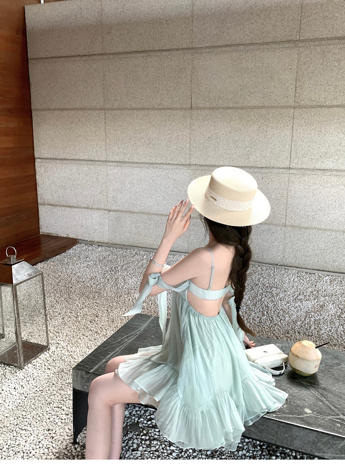 kubiliv 사랑 여름 박하 프랑스식 소녀 나비 매듭 박하 녹색 슬립 미니 스커트 프릴 드레스 상세 이미지 40