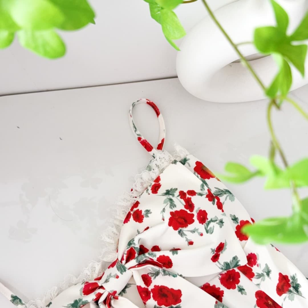 sisi jiang 장미 달콤한 차 캐주얼 휴가 바람 레트로 꽃무늬 나비 매듭 허리 수축 슬립 꽃밭 치마 상세 이미지 11