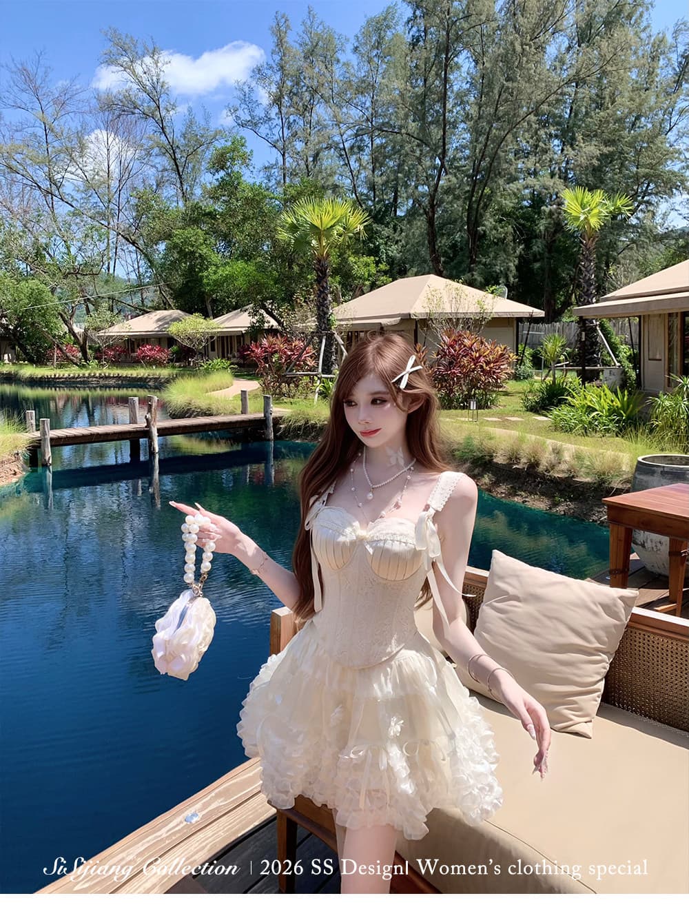 sisi jiang 공단 빛 꿀 달콤한 꿈 부드러운 레이스 몸매 가꾸기 생선뼈 오프숄더 맨위 퍼프 스커트 상세 이미지 15