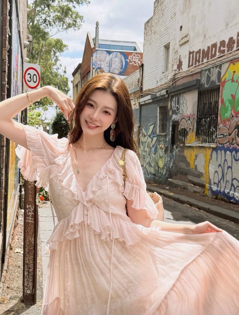 지점 남쪽 남쪽 같은 단락 cello 26 봄 사람들 실크 핑크색 레이스 7부 소매 프릴 반팔 드레스 상세 이미지 17
