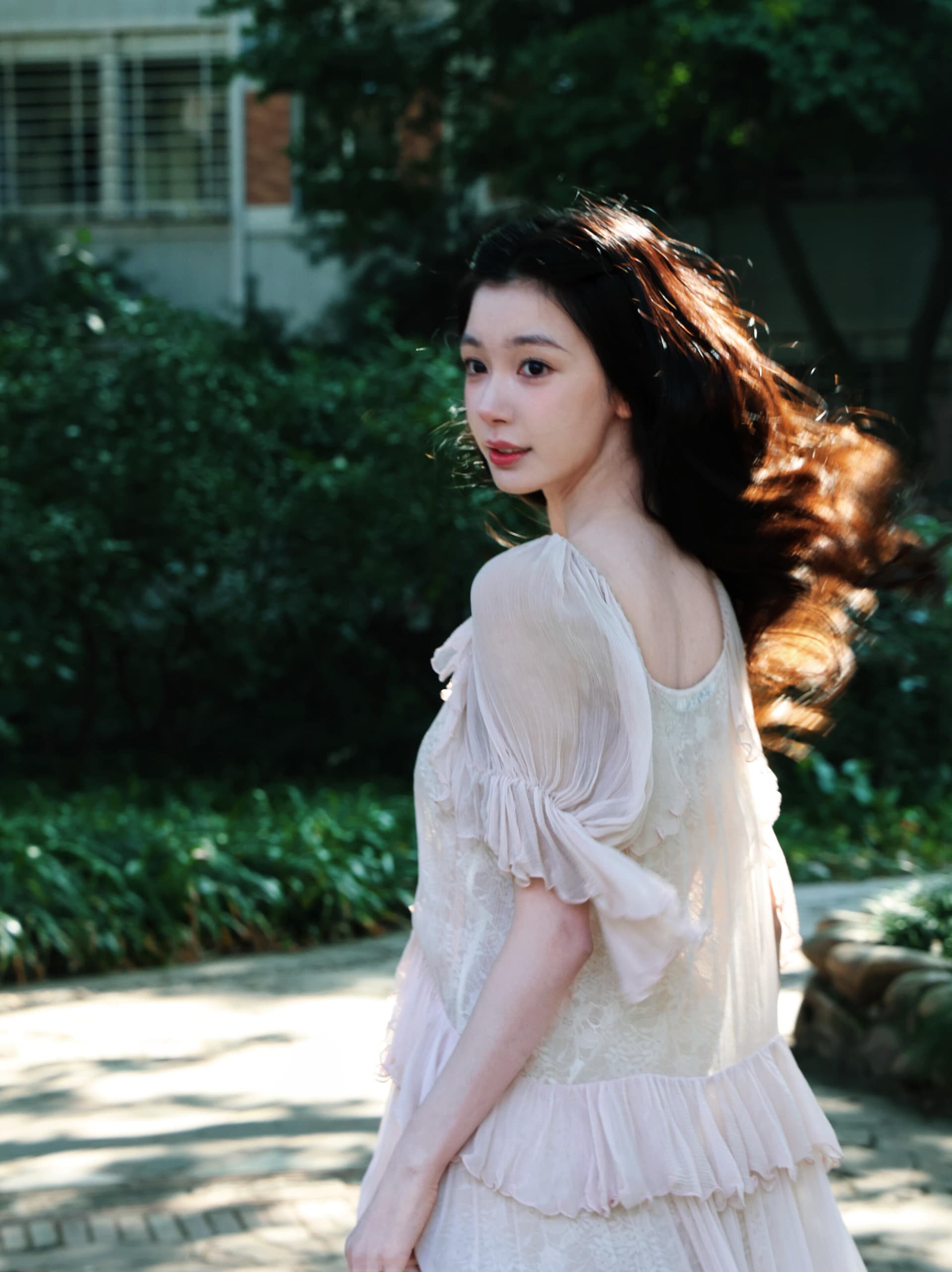 지점 남쪽 남쪽 같은 단락 cello 26 봄 사람들 실크 핑크색 레이스 7부 소매 프릴 반팔 드레스 상세 이미지 25