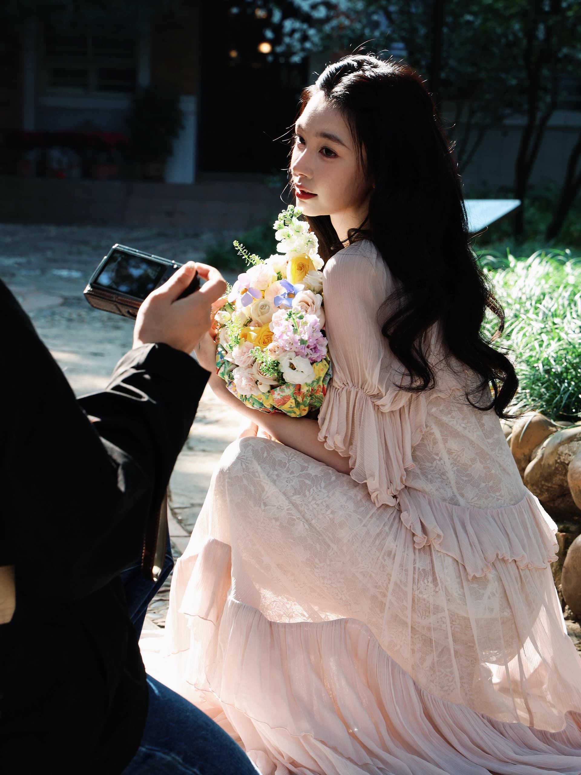 지점 남쪽 남쪽 같은 단락 cello 26 봄 사람들 실크 핑크색 레이스 7부 소매 프릴 반팔 드레스 상세 이미지 26