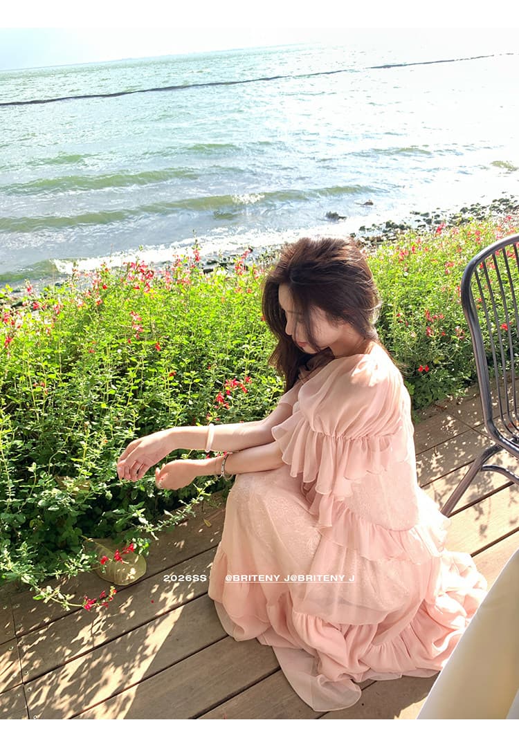 작은 6 월 6 월 브리트니 구멍 쉐어 쉬운 꿈 링 같은 단락 질감 주름 센스 거품 소매 레이스 연꽃 잎 드레스 상세 이미지 23