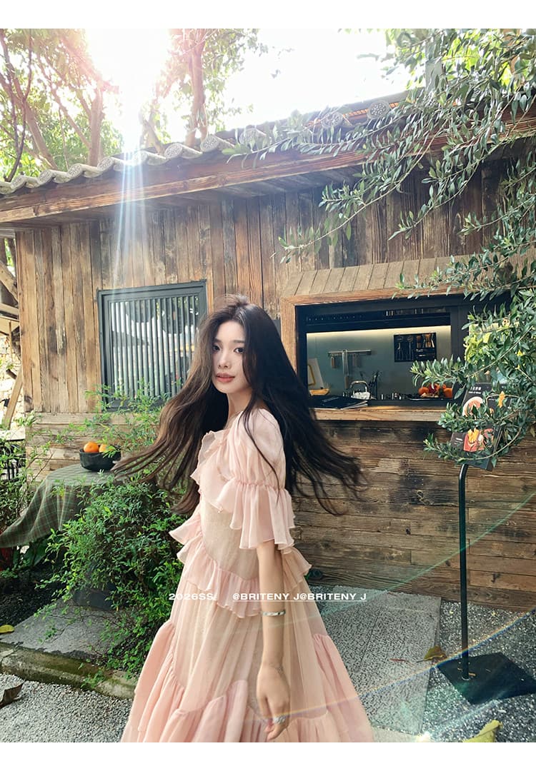 작은 6 월 6 월 브리트니 구멍 쉐어 쉬운 꿈 링 같은 단락 질감 주름 센스 거품 소매 레이스 연꽃 잎 드레스 상세 이미지 39