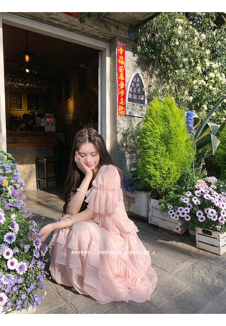 작은 6 월 6 월 브리트니 구멍 쉐어 쉬운 꿈 링 같은 단락 질감 주름 센스 거품 소매 레이스 연꽃 잎 드레스 상세 이미지 43