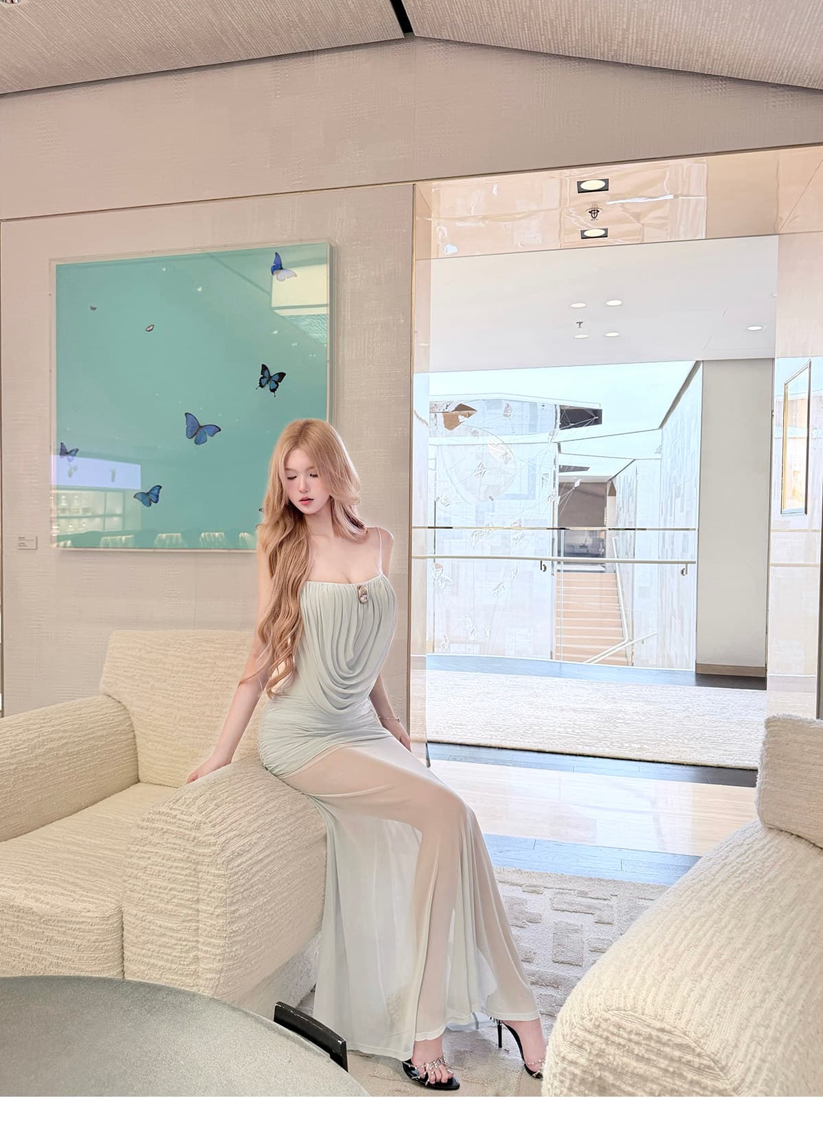 kubiliv 인어 뮤즈 도루 가을 센스 흔들다 칼라 허리 수축 좋은 어깨끈 망사 슬립 롱 스커트 여성 드레스 상세 이미지 16