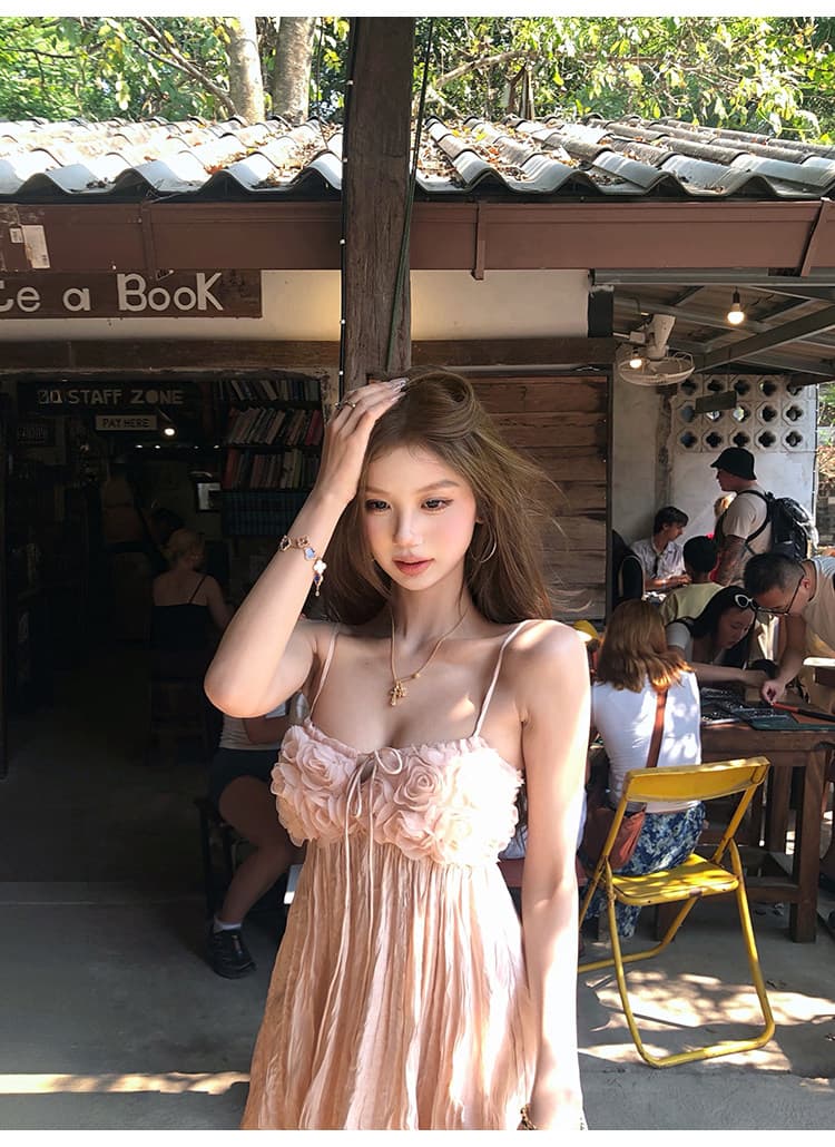 tongiiuu 트윈 룸 달콤한 사쿠라 디자인 센스 꽃 주름 슬립 여성 드레스 한 마디 슬림해 보이는 미니 스커트 여름 상세 이미지 10
