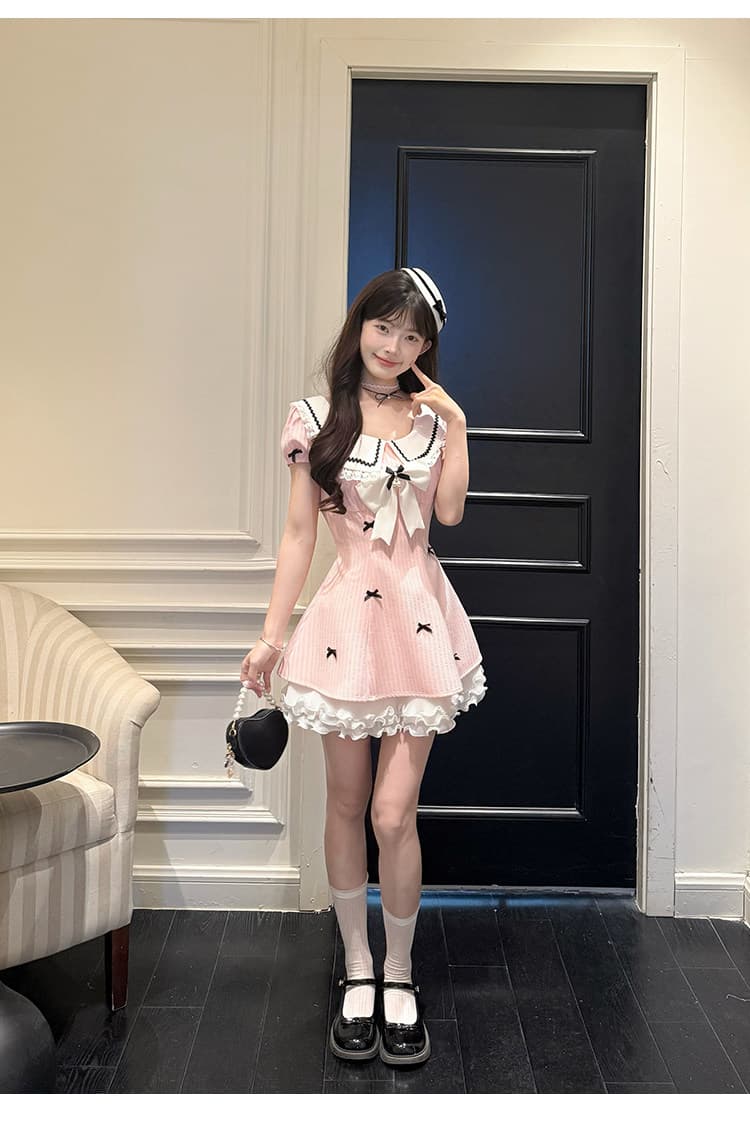 캄파넬라 세과 house 복숭아 꿈 나라 달콤한 스타일 베이비 칼라 거품 소매 학원 스타일 드레스 허리 수축 슬림해 보이는 착용 가져 가라. 상세 이미지 10