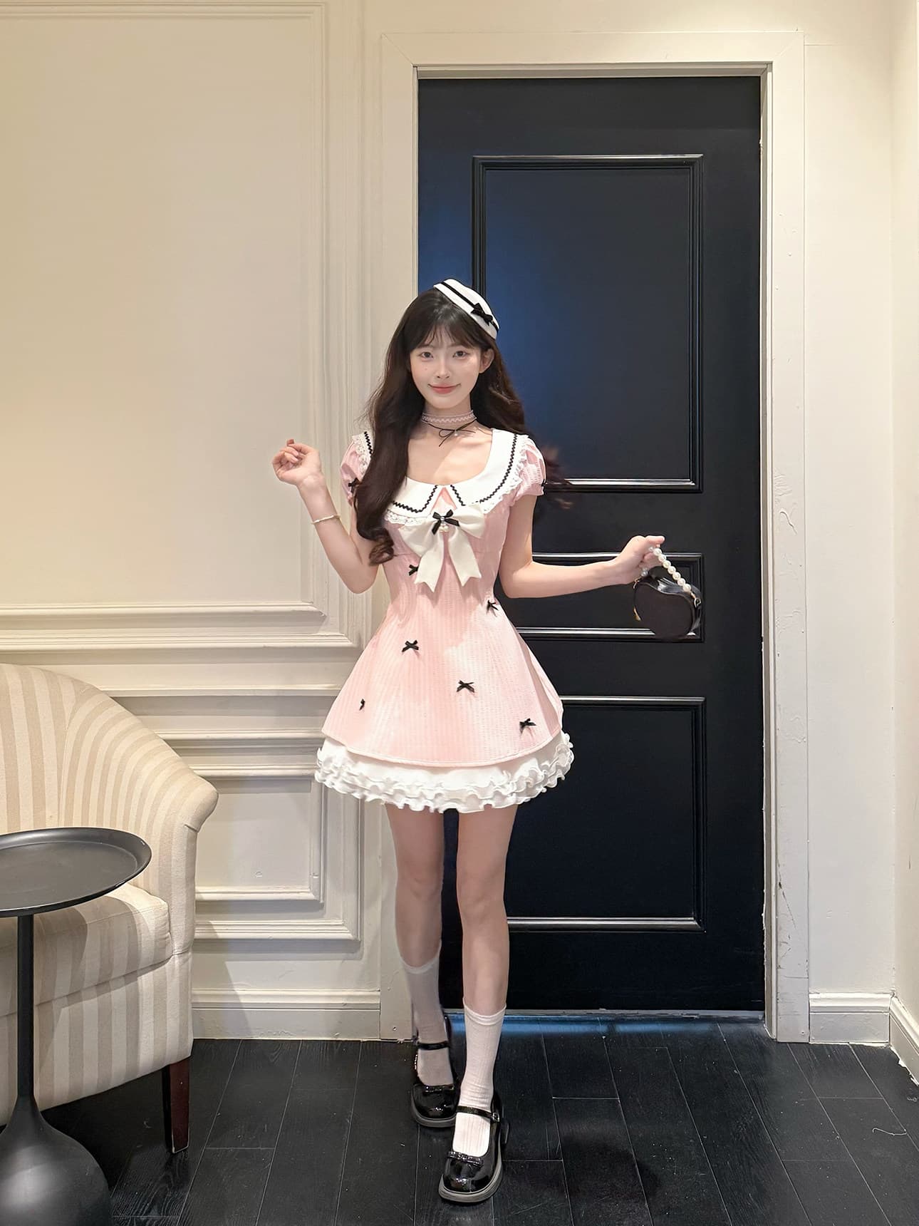 캄파넬라 세과 house 복숭아 꿈 나라 달콤한 스타일 베이비 칼라 거품 소매 학원 스타일 드레스 허리 수축 슬림해 보이는 착용 가져 가라. 상세 이미지 15
