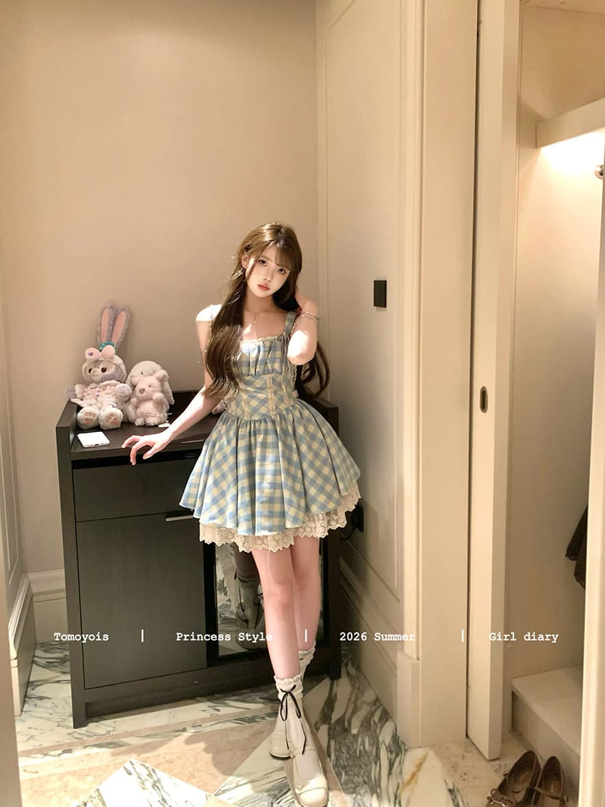 tomoyois 벨 서리 치자 나무 안개 프랑스식 달콤함 블루 그리드 슬립 레이스업 나비 매듭 허리 수축 슬림해 보이는 퍼프 스커트 여름 상세 이미지 20