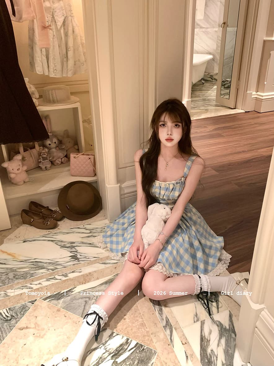 tomoyois 벨 서리 치자 나무 안개 프랑스식 달콤함 블루 그리드 슬립 레이스업 나비 매듭 허리 수축 슬림해 보이는 퍼프 스커트 여름 상세 이미지 22