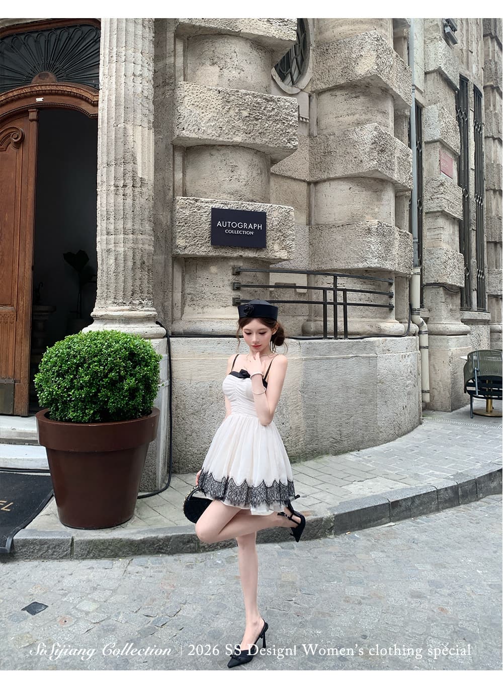 sisi jiang 레이스 비밀 상황 프랑스식 천 골드 흑인과 백인 배색 레이스 레이스 망사 퍼프 스커트 드레스 상세 이미지 30