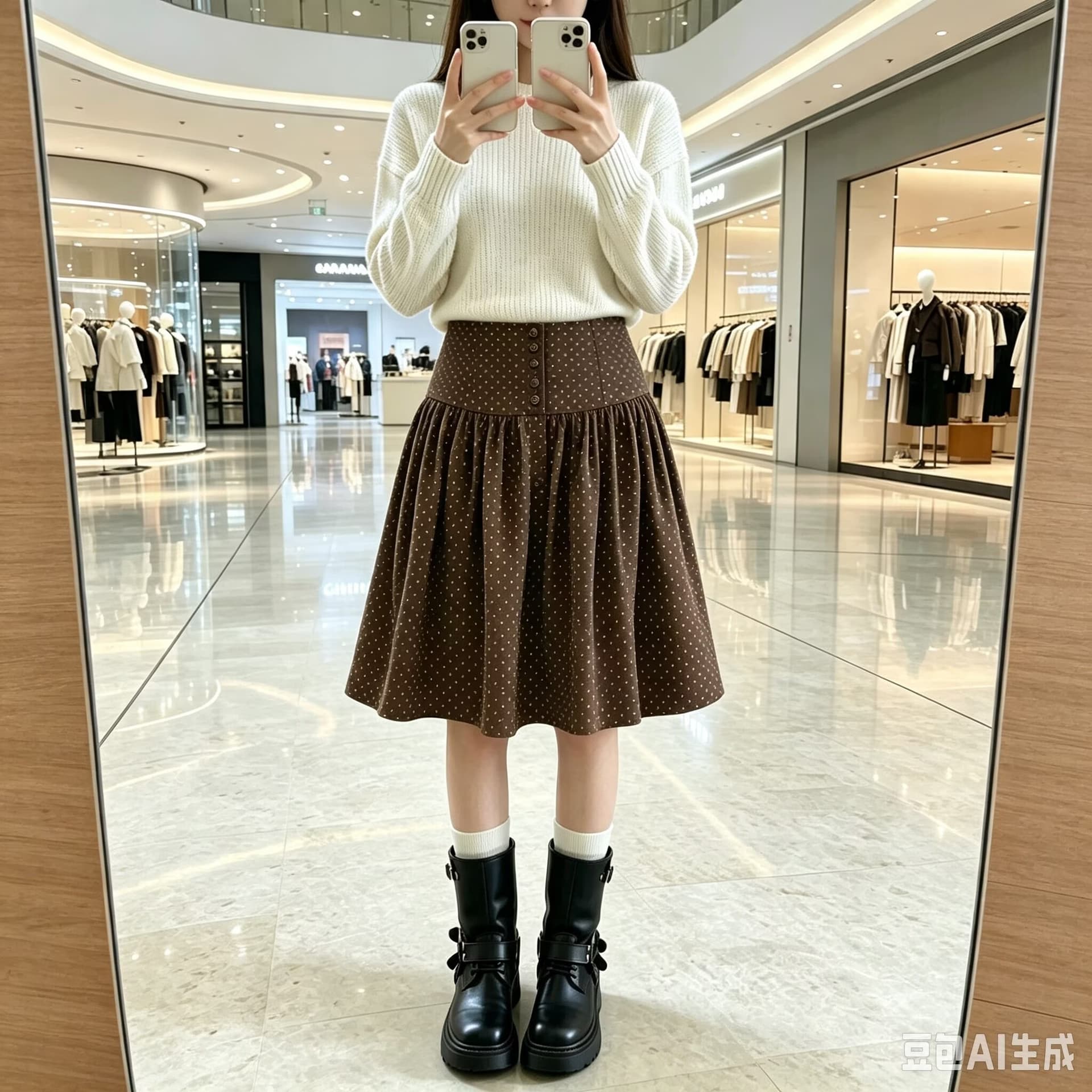 실사 도트 무늬 반신 스커트 한 부서 레트로 학원 스타일 단추 디자인 가을 빅 사이즈 새로운 하이웨이스트 슬림해 보이는 반 스커트 이미지 3