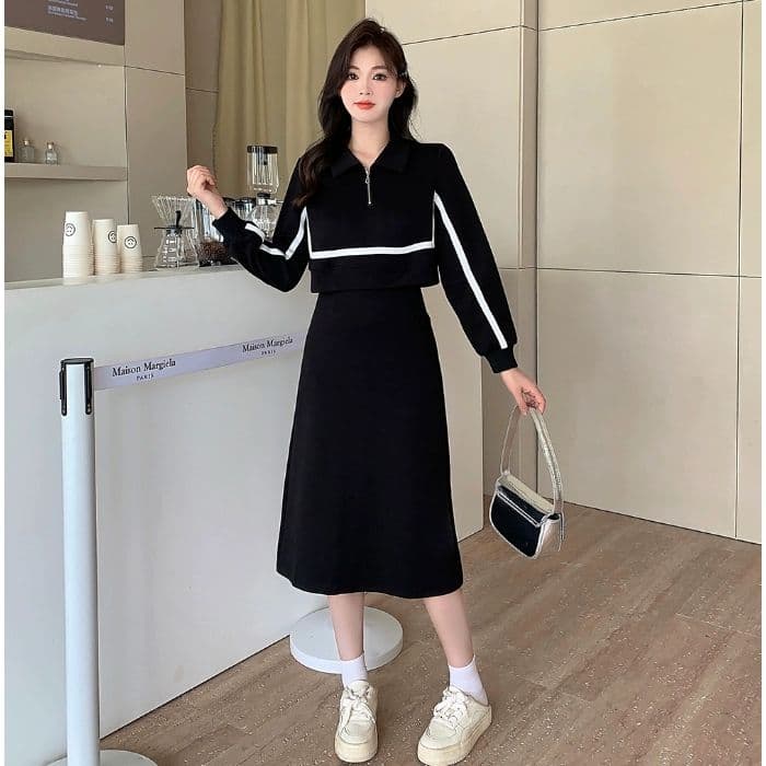 빅 사이즈 여성 의류 마이크로 지방 POLO 칼라 페이크 레이어드 긴팔 드레스 슬림해 보이는 표지 배 지방 mm 숨기기 고기 중간 길이 스커트 이미지 2