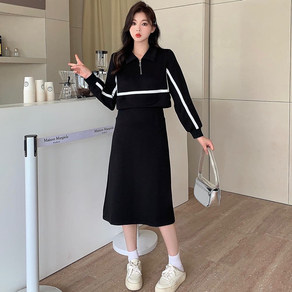 빅 사이즈 여성 의류 마이크로 지방 POLO 칼라 페이크 레이어드 긴팔 드레스 슬림해 보이는 표지 배 지방 mm 숨기기 고기 중간 길이 스커트 이미지 5