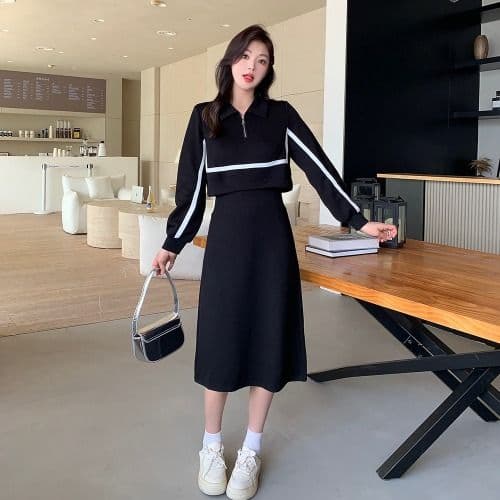 빅 사이즈 여성 의류 마이크로 지방 POLO 칼라 페이크 레이어드 긴팔 드레스 슬림해 보이는 표지 배 지방 mm 숨기기 고기 중간 길이 스커트
