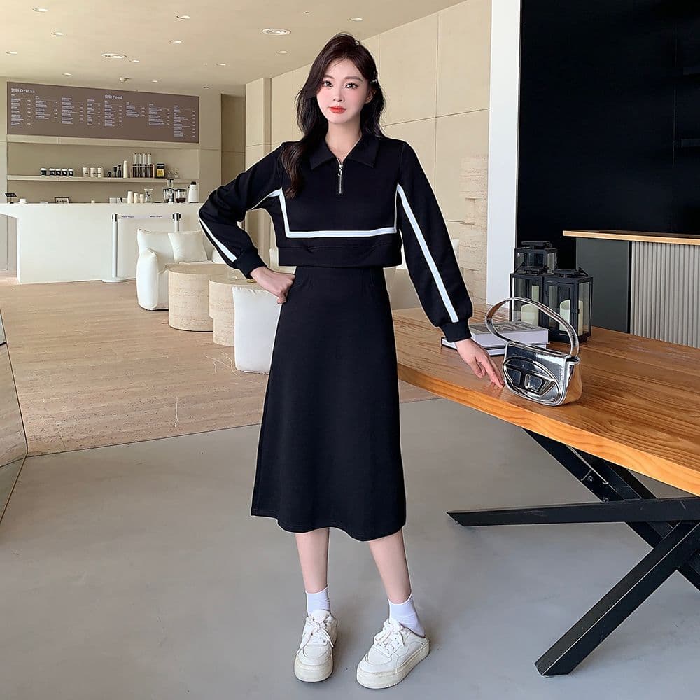 빅 사이즈 여성 의류 마이크로 지방 POLO 칼라 페이크 레이어드 긴팔 드레스 슬림해 보이는 표지 배 지방 mm 숨기기 고기 중간 길이 스커트 이미지 4