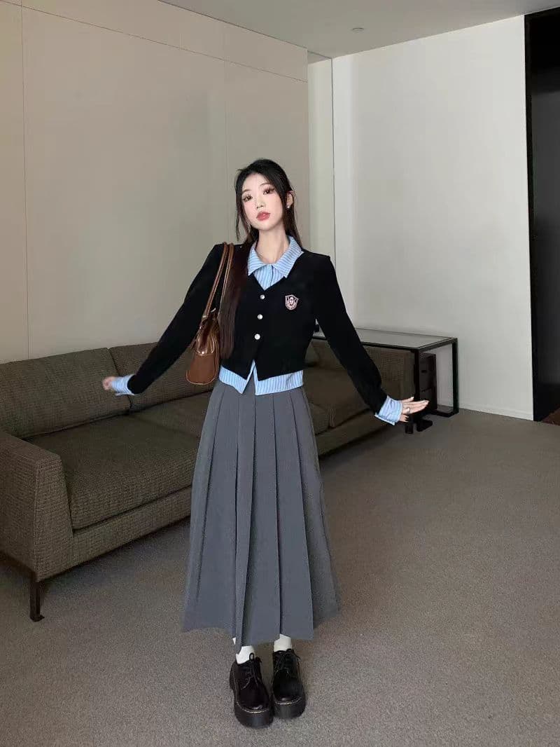 빅 사이즈 학원 스타일 세트 여성 POLO 칼라 긴팔 셔츠 가을 하이웨이스트 반신 플리츠 스커트 소금 부서 세트 상세 이미지 4