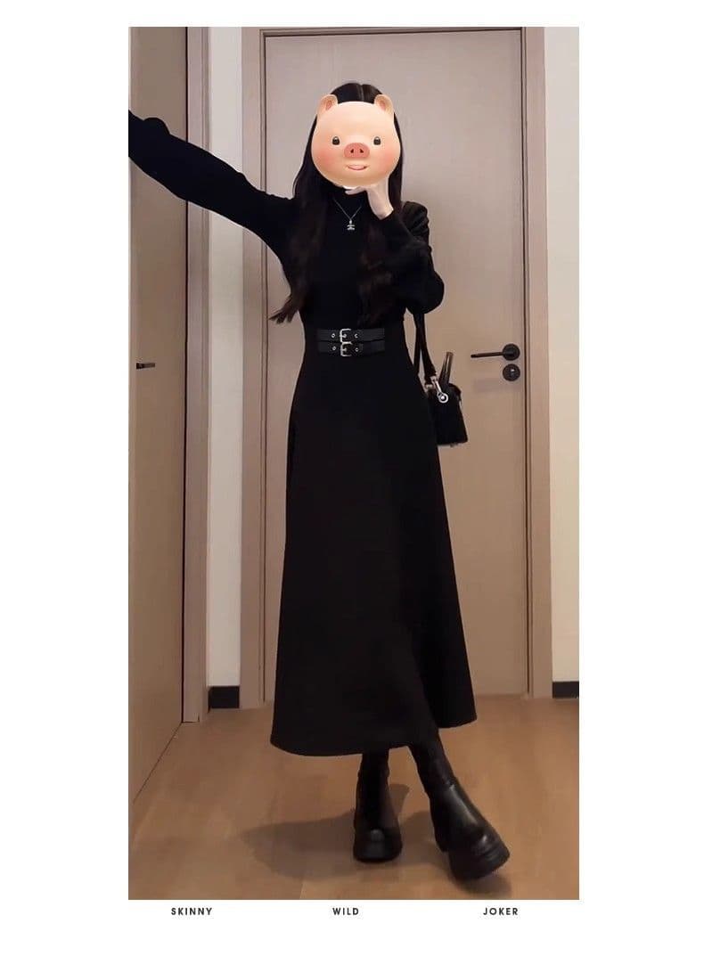빅 사이즈 프랑스식 검정색 인사이드 가져 가라. 드레스 아이들 가을 겨울 새로운 작은 키 꼬집기 허리 치마 크리스마스 데이트 착용 가져 가라. 상세 이미지 4