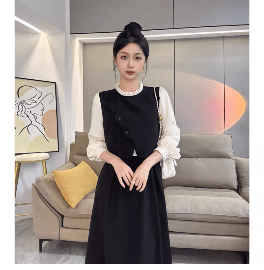 2026 봄 가을 새로운 프랑스식 패치워크 셔츠 베스트 페이크 레이어드 여성 드레스 허리 수축 슬림해 보이는 표지 고기 중간 길이 스커트 이미지 4