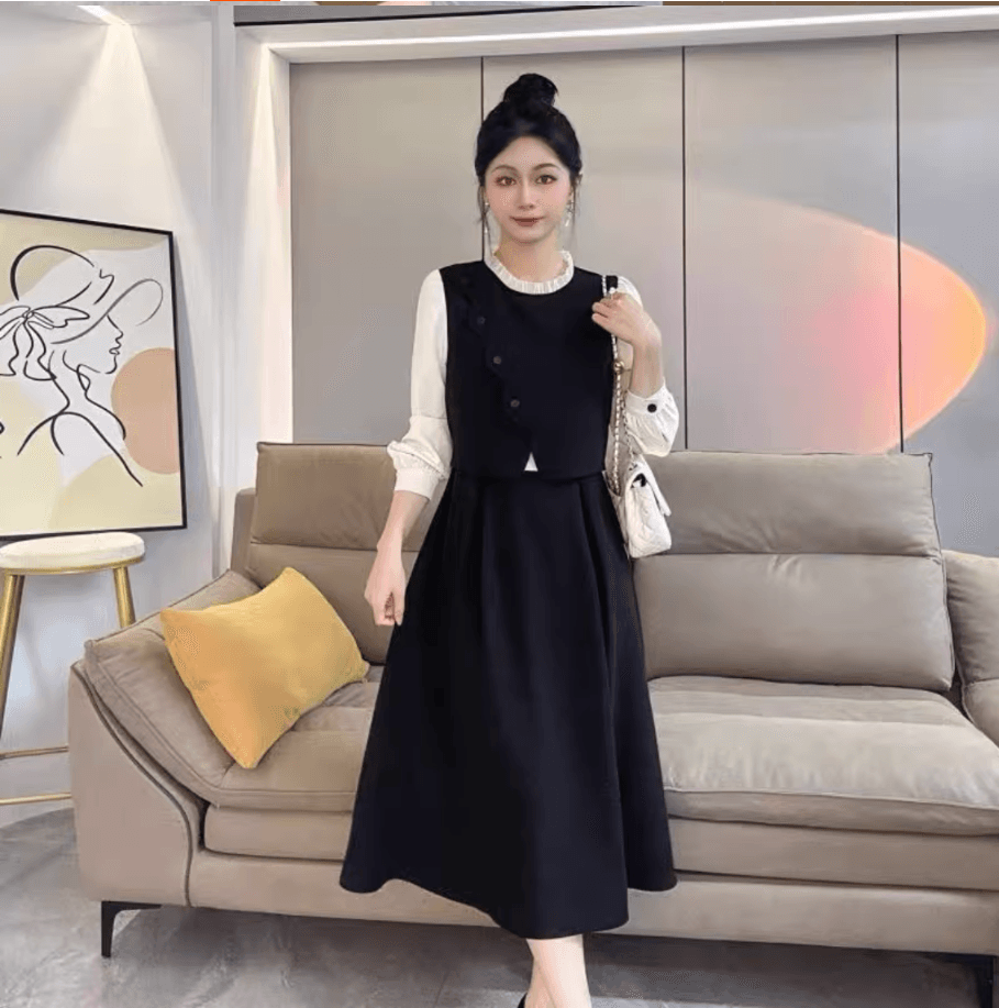 2026 봄 가을 새로운 프랑스식 패치워크 셔츠 베스트 페이크 레이어드 여성 드레스 허리 수축 슬림해 보이는 표지 고기 중간 길이 스커트 상세 이미지 3