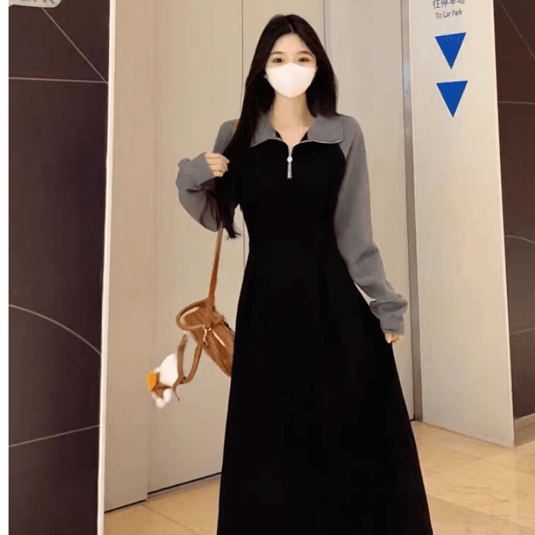 빅 사이즈 여성 의류 프랑스식 POLO 칼라 긴팔 드레스 가을 겨울 디자인 센스 슬림해 보이는 무릎 아래 후드티 롱 스커트 상세 이미지 2
