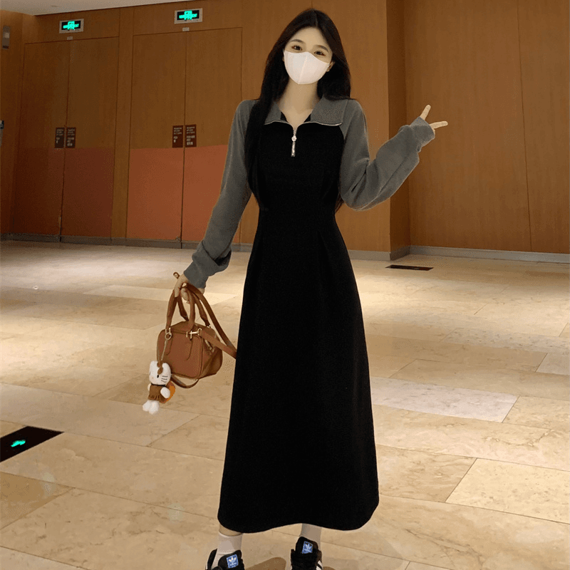 빅 사이즈 여성 의류 프랑스식 POLO 칼라 긴팔 드레스 가을 겨울 디자인 센스 슬림해 보이는 무릎 아래 후드티 롱 스커트 상세 이미지 3
