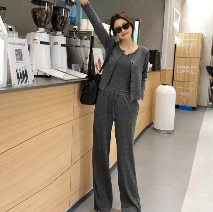 빅 사이즈 지방 mm 가을 세트 여성 전체 집합 착용 가져 가라. 캐주얼 바람 오픈 가디건 슬립 하이웨이스트 와이드 레그 팬츠 어린이 세트 상세 이미지 3