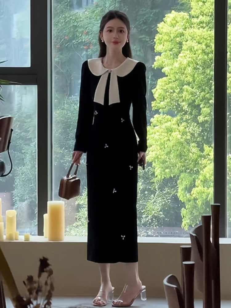 빅 사이즈 여성 의류 가을 겨울 새로운 검정색 그는 벤 바람 금사 벨벳 드레스 품격 롱 스커트 벨벳 치마 아이들 이미지 3