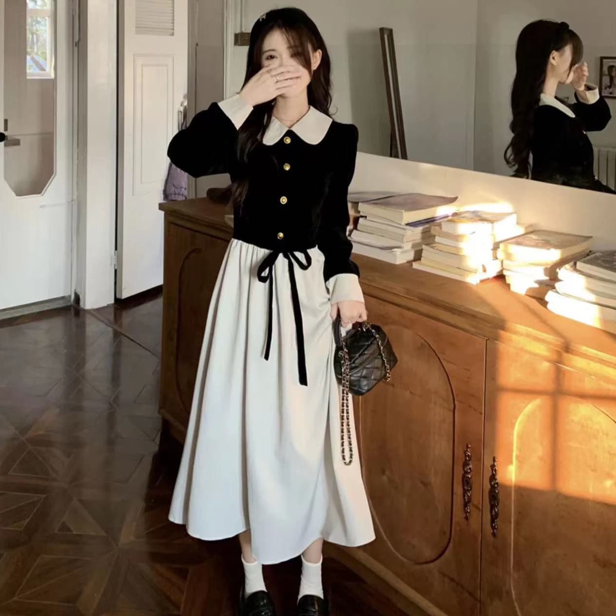 프랑스식 레트로 작은 샤넬 스타일 광장 칼라 여성 드레스 2026 봄 드레스 그는 벤 바람 고급 센스 품격 하이웨이스트 길다 치마 상세 이미지 6