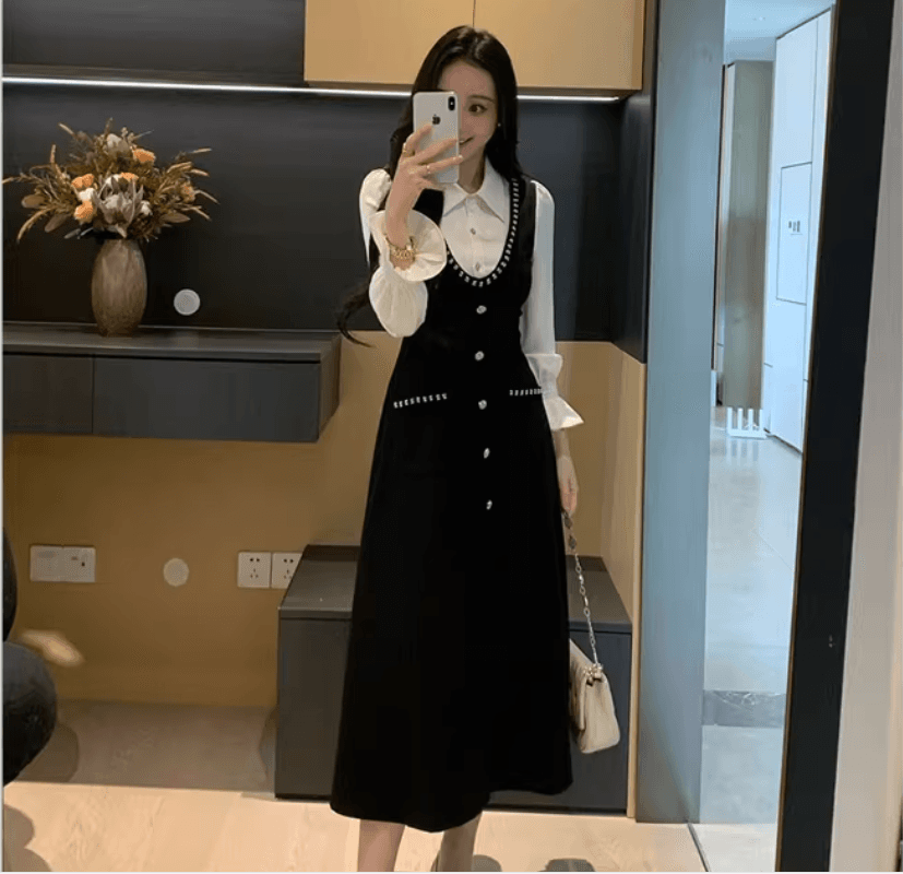 빅 사이즈 2026 봄 가을 여성 의류 새로운 배색 페이크 레이어드 긴팔 끝났어 무릎 표지 고기 슬림해 보이는 지방 mm 드레스