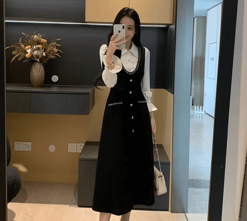 빅 사이즈 2026 봄 가을 여성 의류 새로운 배색 페이크 레이어드 긴팔 끝났어 무릎 표지 고기 슬림해 보이는 지방 mm 드레스 이미지 3