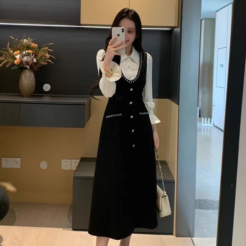 빅 사이즈 2026 봄 가을 여성 의류 새로운 배색 페이크 레이어드 긴팔 끝났어 무릎 표지 고기 슬림해 보이는 지방 mm 드레스 이미지 5