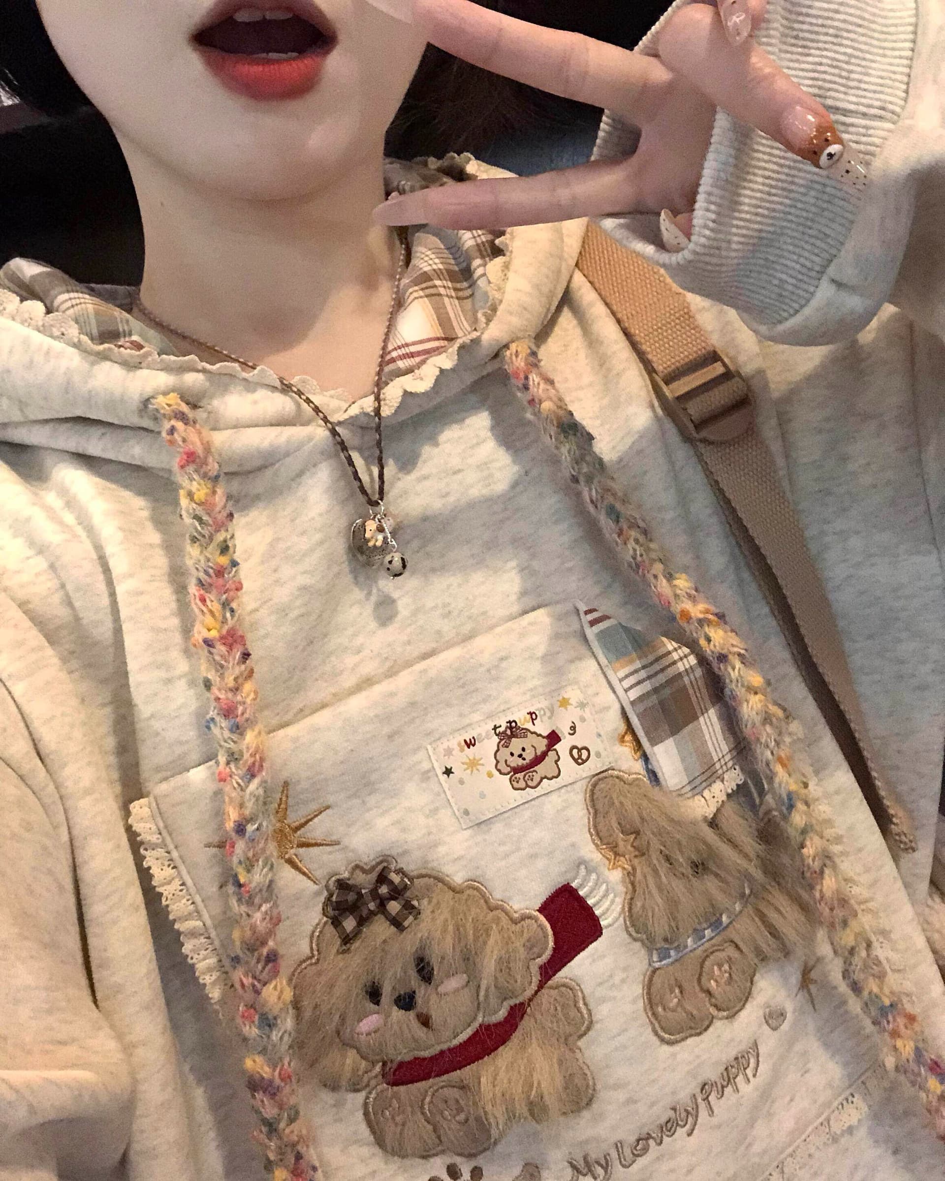 주머니 플리스 개 후드 티 스웨터 여성 가을 겨울 분위기 센스 빨간색 체크무늬 패치워크 작은 대중 학원 스타일 루즈핏 재킷 이미지 4