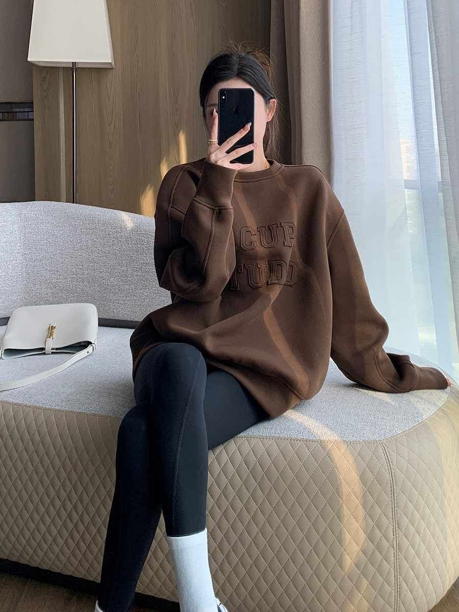 아메리칸 털이 있는 oversize 없음 모자 긴팔 맨위 여성 가을 겨울철 chic 항구 바람 레트로 패치 알파벳 상세 이미지 4