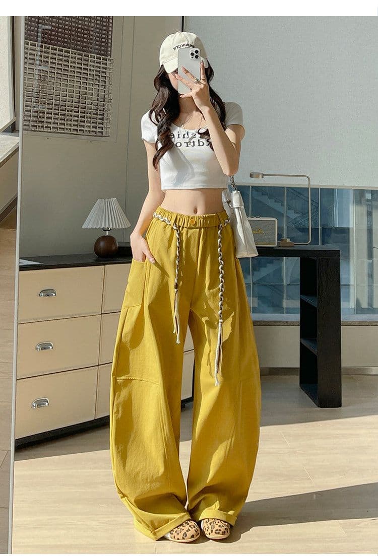 심황 색상 와이드 레깅스 바지 봄 새로운 아메리칸 짜임 벨트 모통이 칼 바지 하이웨이스트 표지 넓적 다리 한 마디 운동 웨이 바지 상세 이미지 22