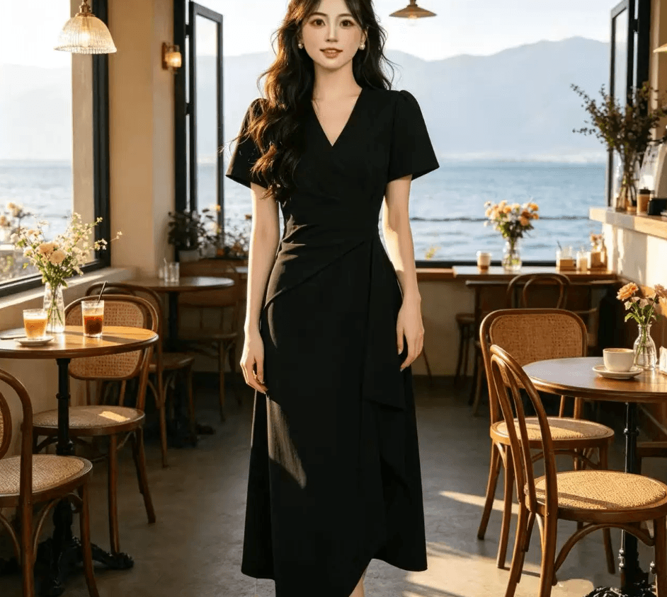 빅 사이즈 여성 의류 한 스타일 그는 벤 바람 V넥 여성 드레스 여름 몸매 가꾸기 슬림해 보이는 허리 수축 A라인 스커트 반팔 차 휴식 치마 이미지 3