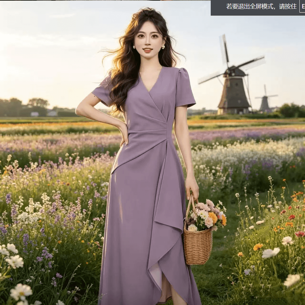 빅 사이즈 여성 의류 한 스타일 그는 벤 바람 V넥 여성 드레스 여름 몸매 가꾸기 슬림해 보이는 허리 수축 A라인 스커트 반팔 차 휴식 치마 상세 이미지 3