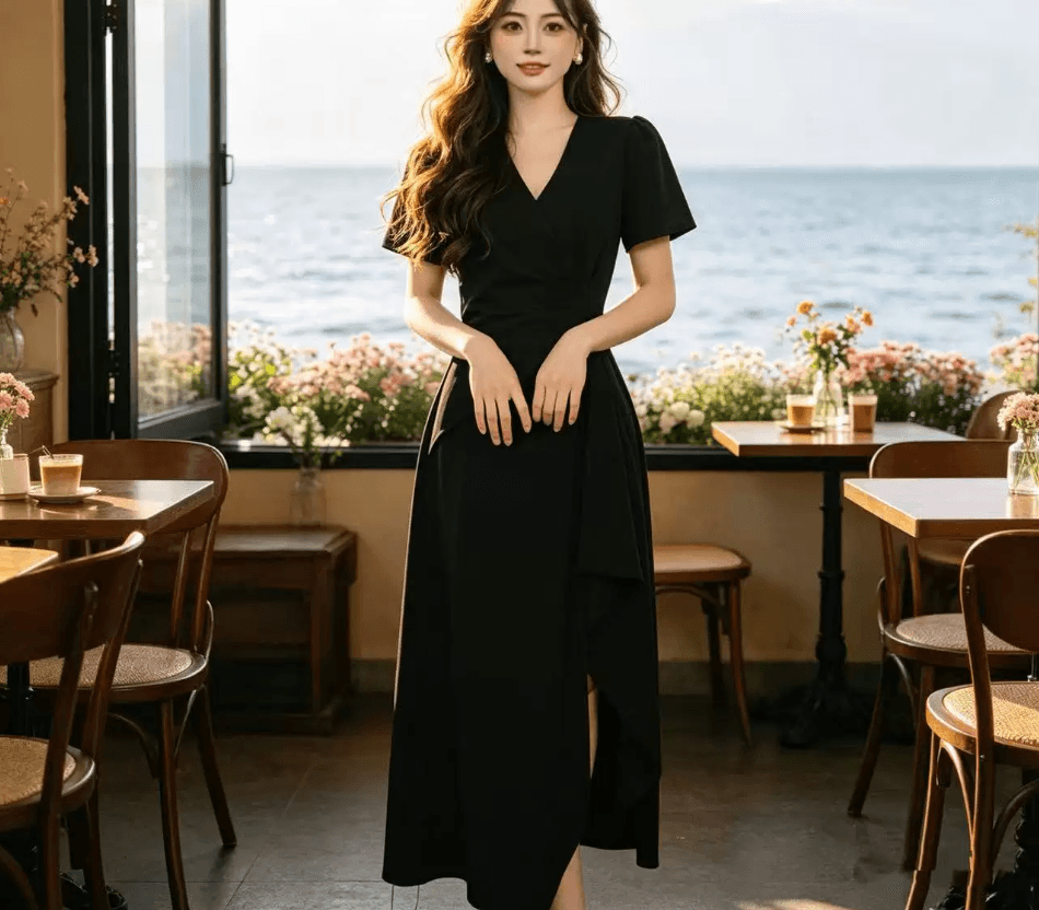 빅 사이즈 여성 의류 한 스타일 그는 벤 바람 V넥 여성 드레스 여름 몸매 가꾸기 슬림해 보이는 허리 수축 A라인 스커트 반팔 차 휴식 치마 상세 이미지 5