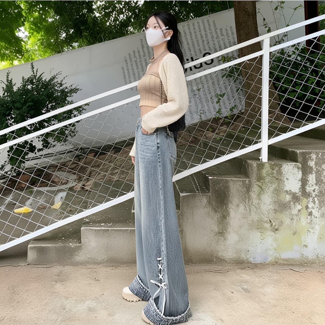 나비 매듭 스트랩 넓은 다리 청바지 여성 디자인 센스 작은 대중 핫걸 뒤집다 측면 도루 센스 슬림해 보이는 다용도 스트레이트 팬츠 트렌디 이미지 3