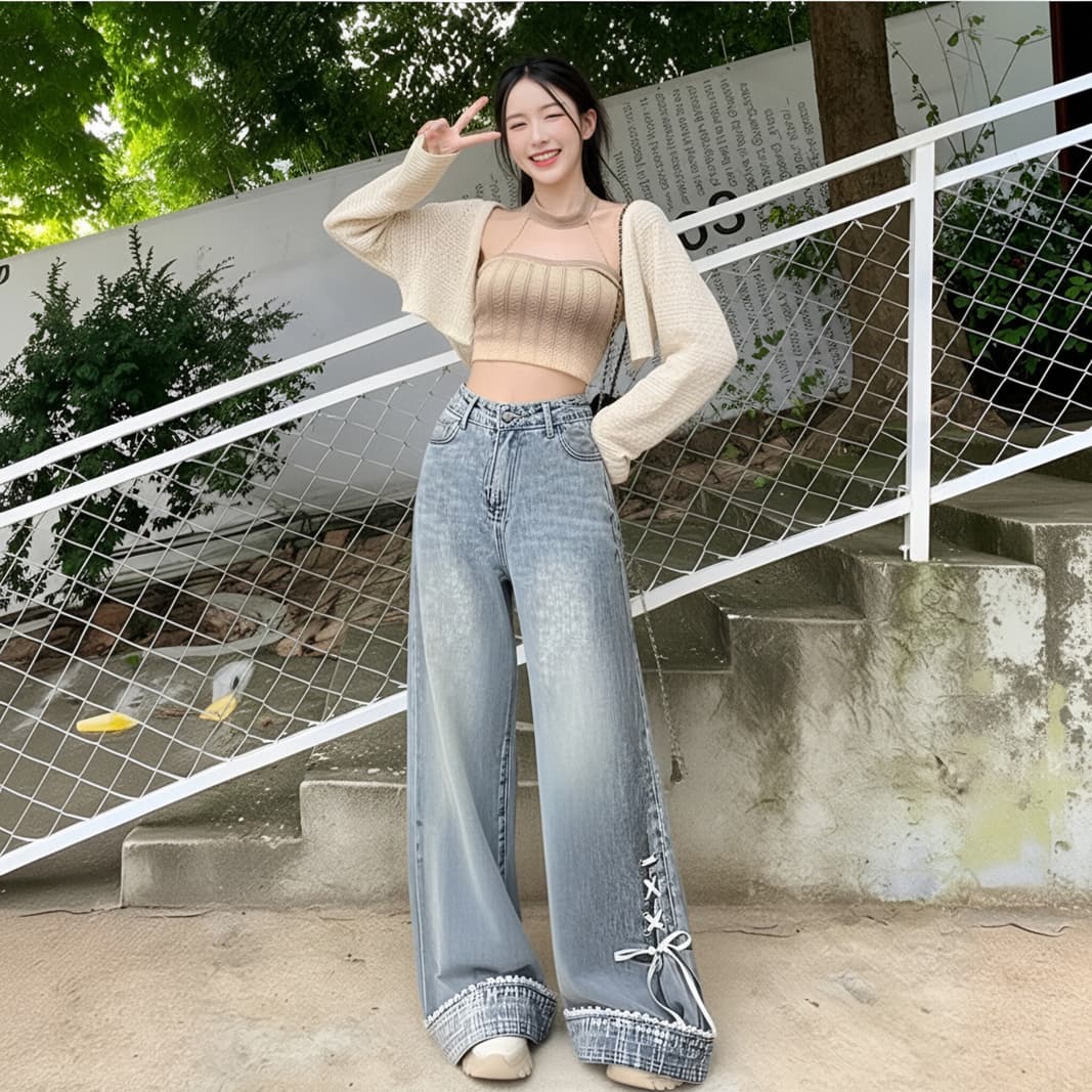 나비 매듭 스트랩 넓은 다리 청바지 여성 디자인 센스 작은 대중 핫걸 뒤집다 측면 도루 센스 슬림해 보이는 다용도 스트레이트 팬츠 트렌디 이미지 2