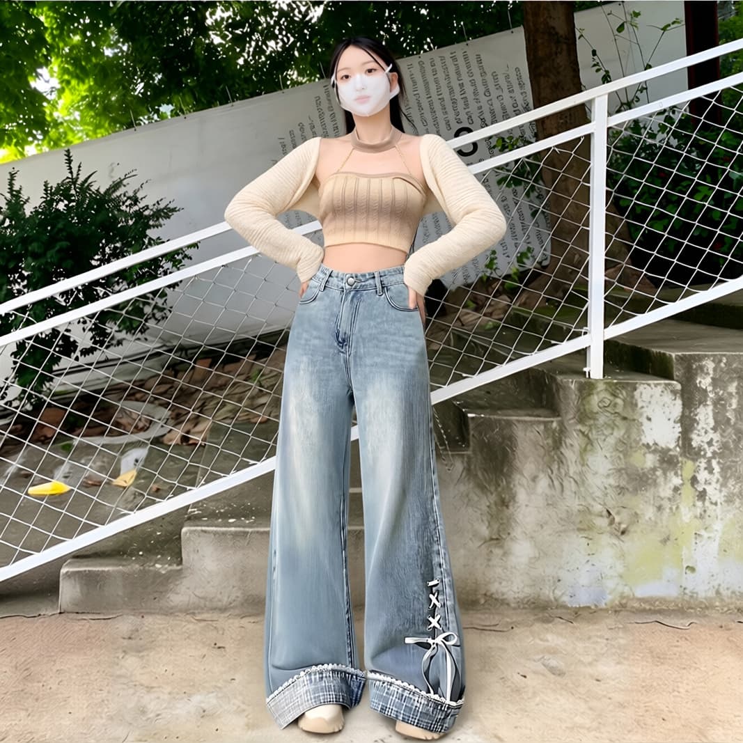 나비 매듭 스트랩 넓은 다리 청바지 여성 디자인 센스 작은 대중 핫걸 뒤집다 측면 도루 센스 슬림해 보이는 다용도 스트레이트 팬츠 트렌디 이미지 4