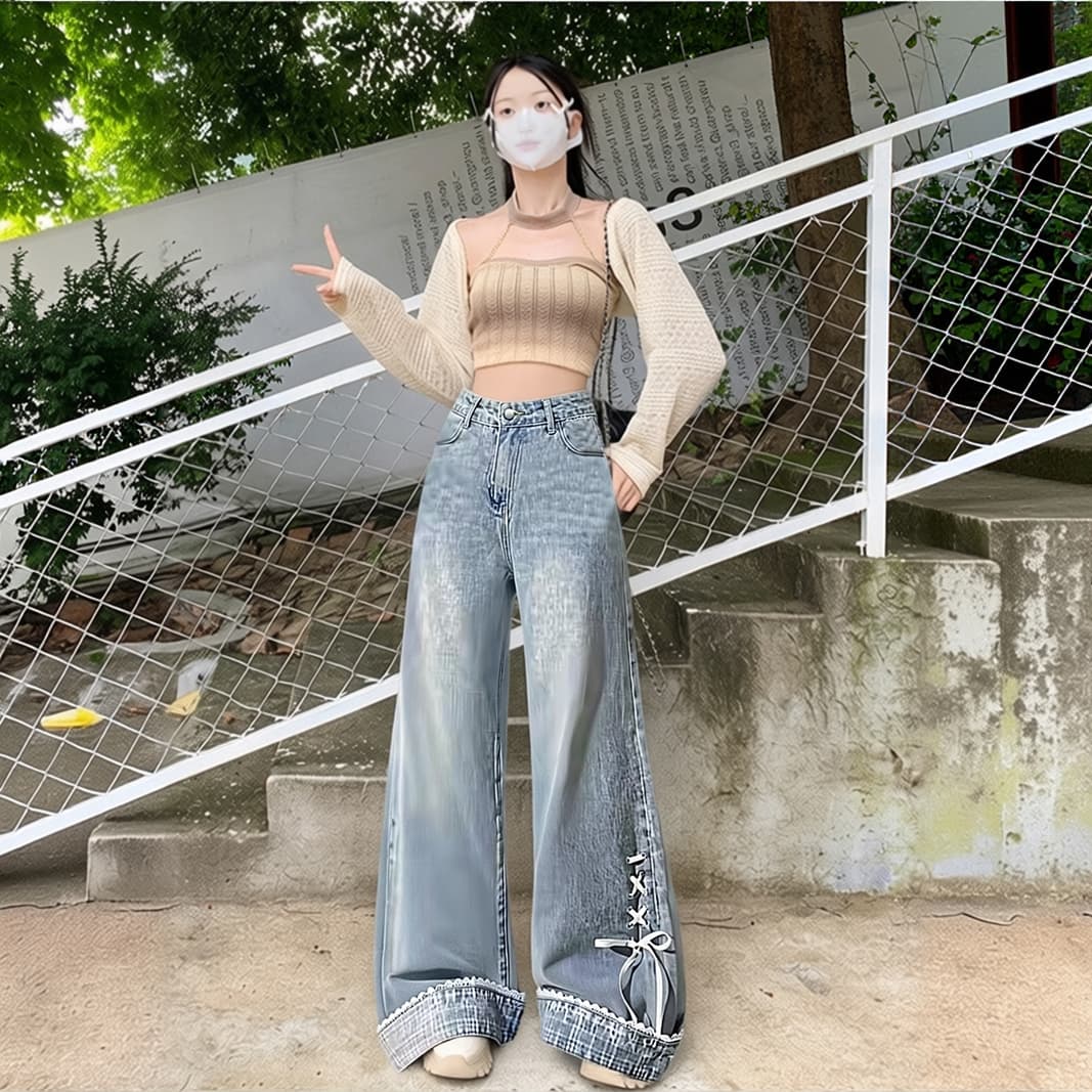 나비 매듭 스트랩 넓은 다리 청바지 여성 디자인 센스 작은 대중 핫걸 뒤집다 측면 도루 센스 슬림해 보이는 다용도 스트레이트 팬츠 트렌디