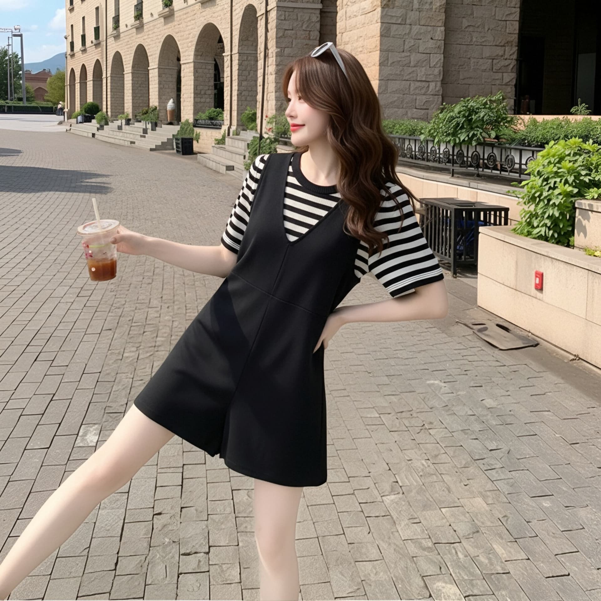 여름 새로운 스트라이프 반팔 빅 사이즈 세트 여성 멜빵 바지 반바지 투피스 세트 상세 이미지 3