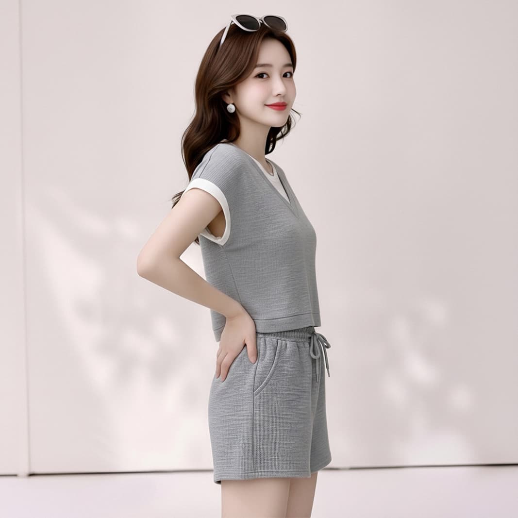 여름 새로운 캐주얼 운동복 세트 여성 여름 새로운 루즈핏 페이크 레이어드 티셔츠 반바지 투피스 세트 상세 이미지 1