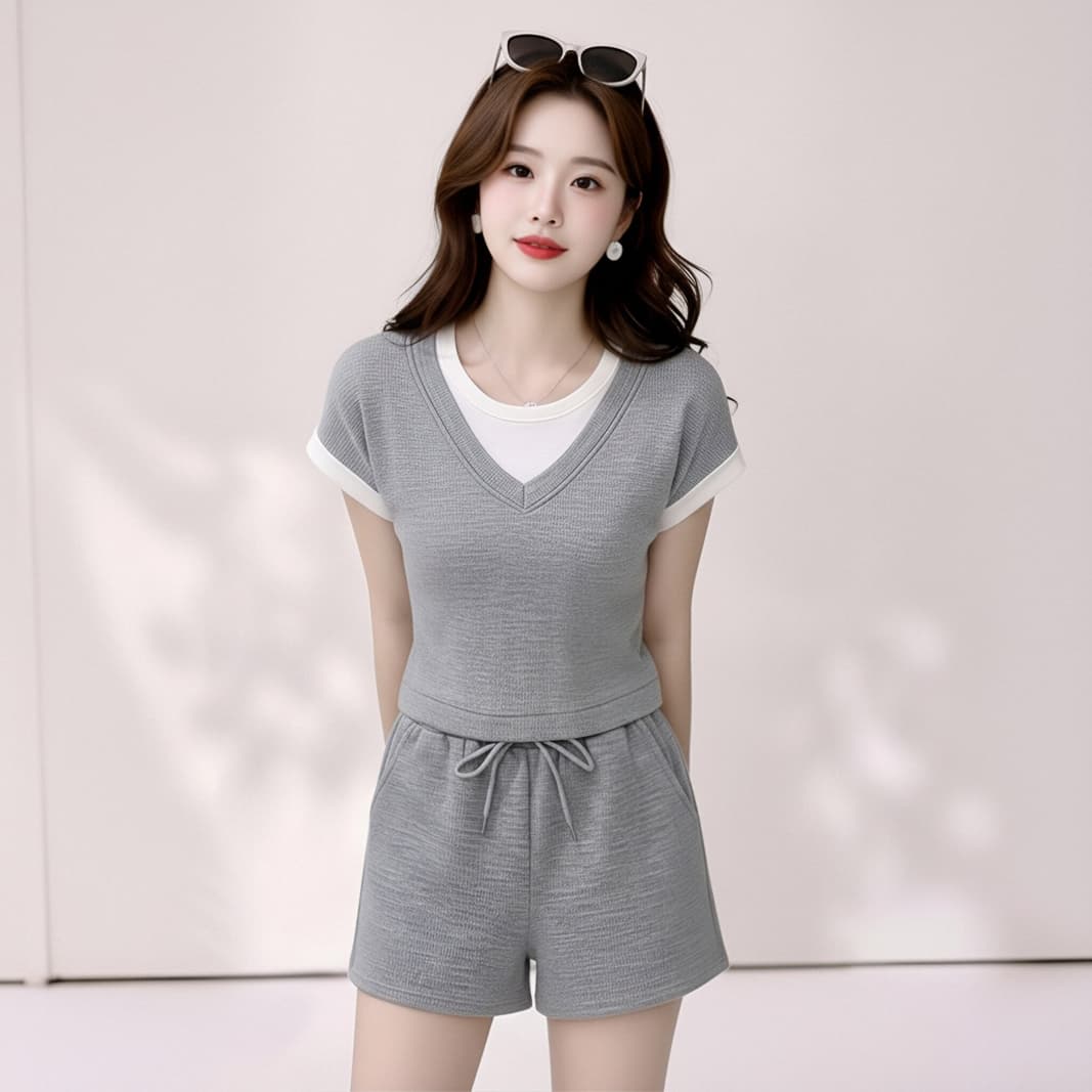 여름 새로운 캐주얼 운동복 세트 여성 여름 새로운 루즈핏 페이크 레이어드 티셔츠 반바지 투피스 세트 상세 이미지 3