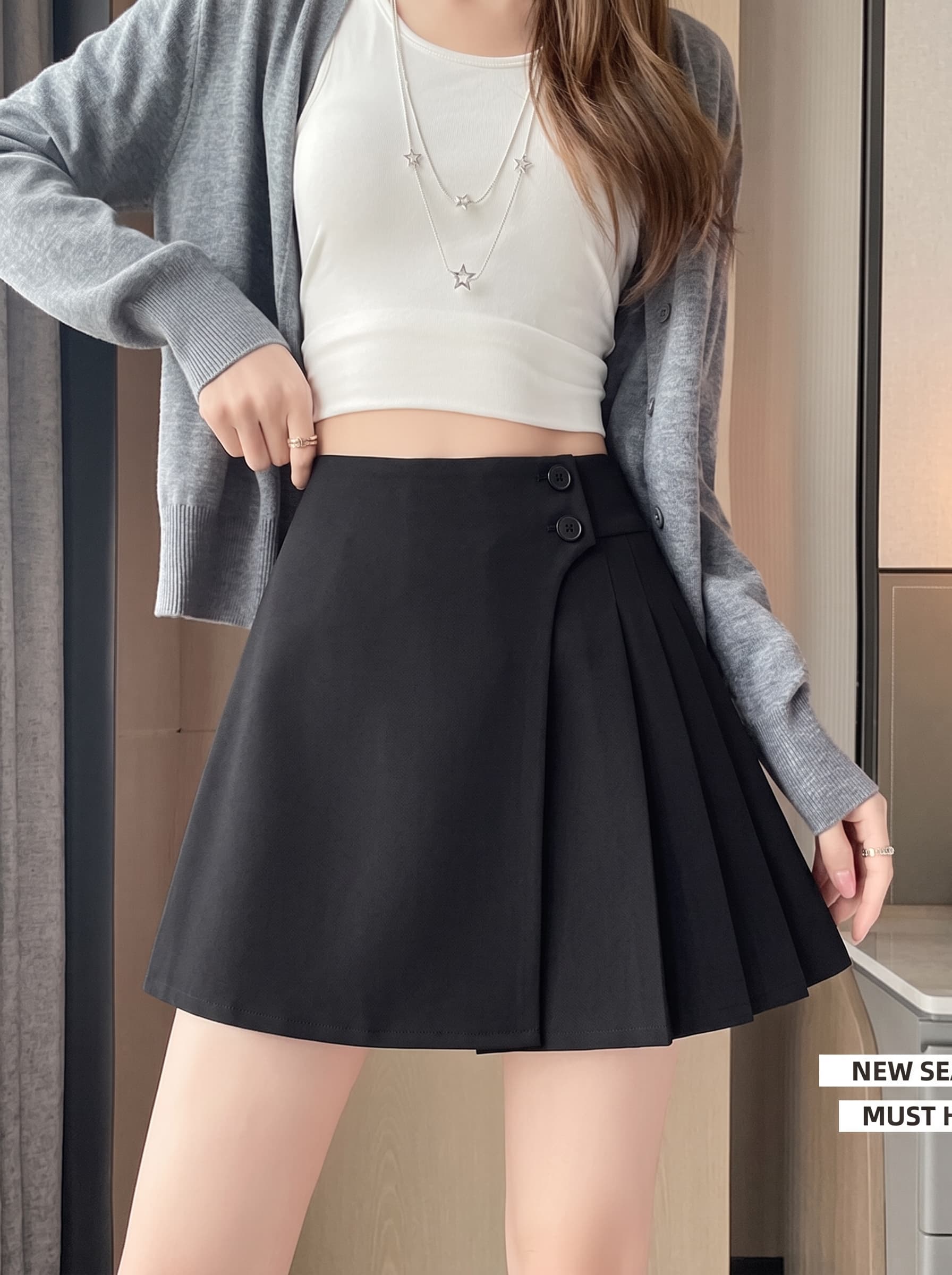 실사 반신 스커트 일본식 ins 미니멀리즘 트렌드 달콤함 여성 새로운 패션 단색 플리츠 스커트 미니 스커트 상세 이미지 7