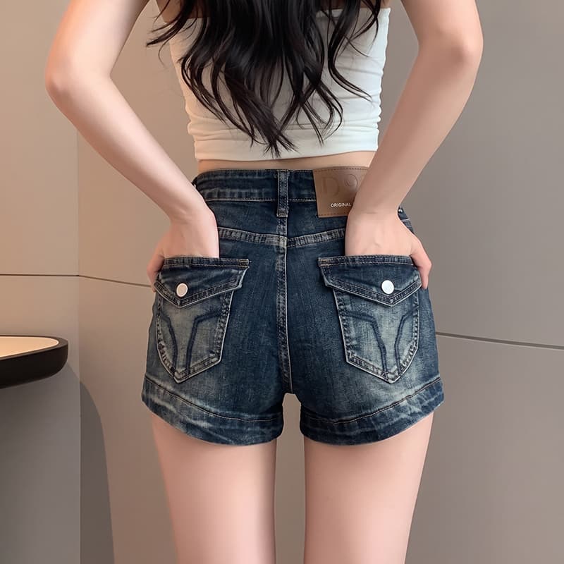 실사 안개 안개 블루 레트로 워싱 신축성 스트레이트 데님 반바지 여성 슬림해 보이는 섹시함 타이트 스커트 핫 바지 상세 이미지 9