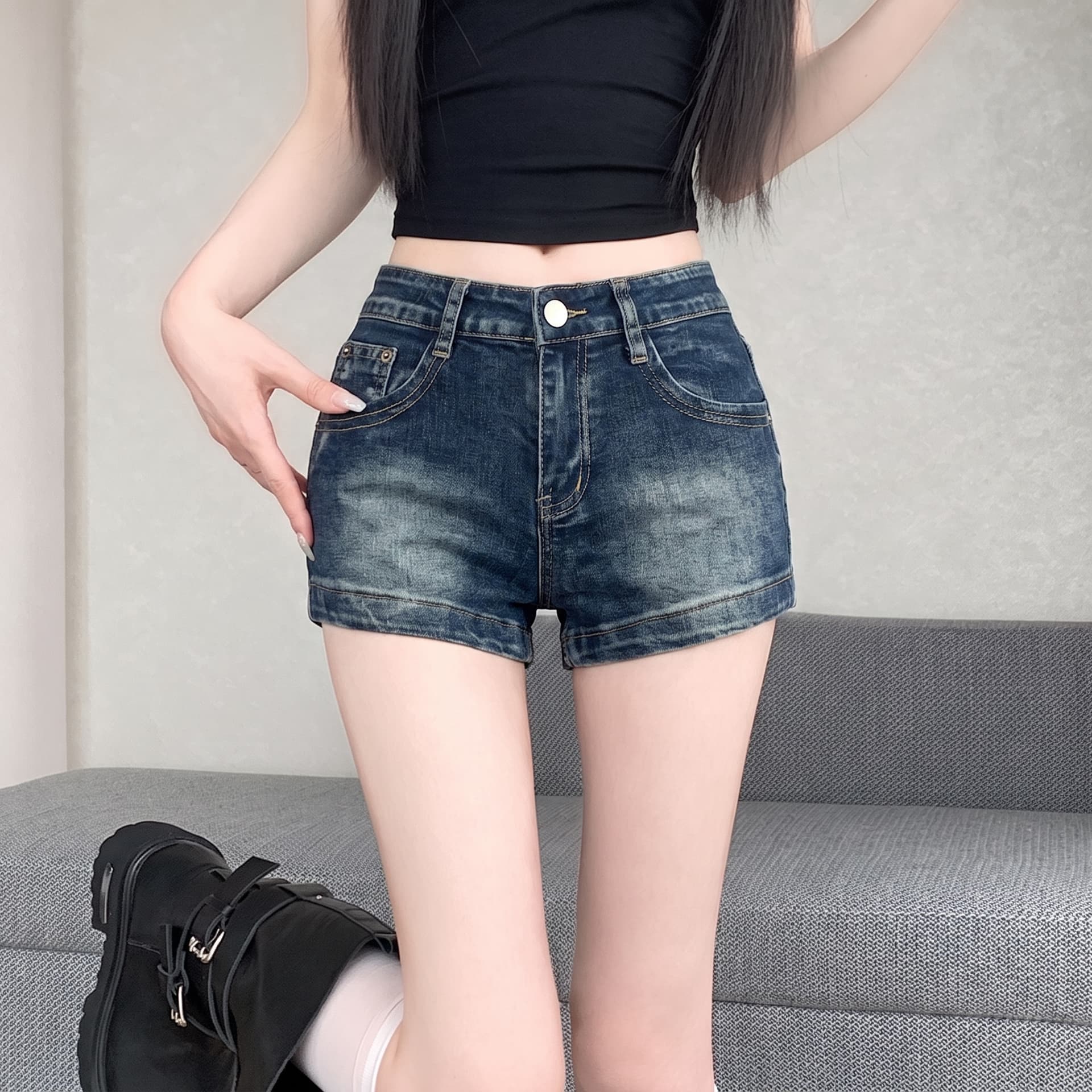 실사 안개 안개 블루 레트로 워싱 신축성 스트레이트 데님 반바지 여성 슬림해 보이는 섹시함 타이트 스커트 핫 바지 이미지 3