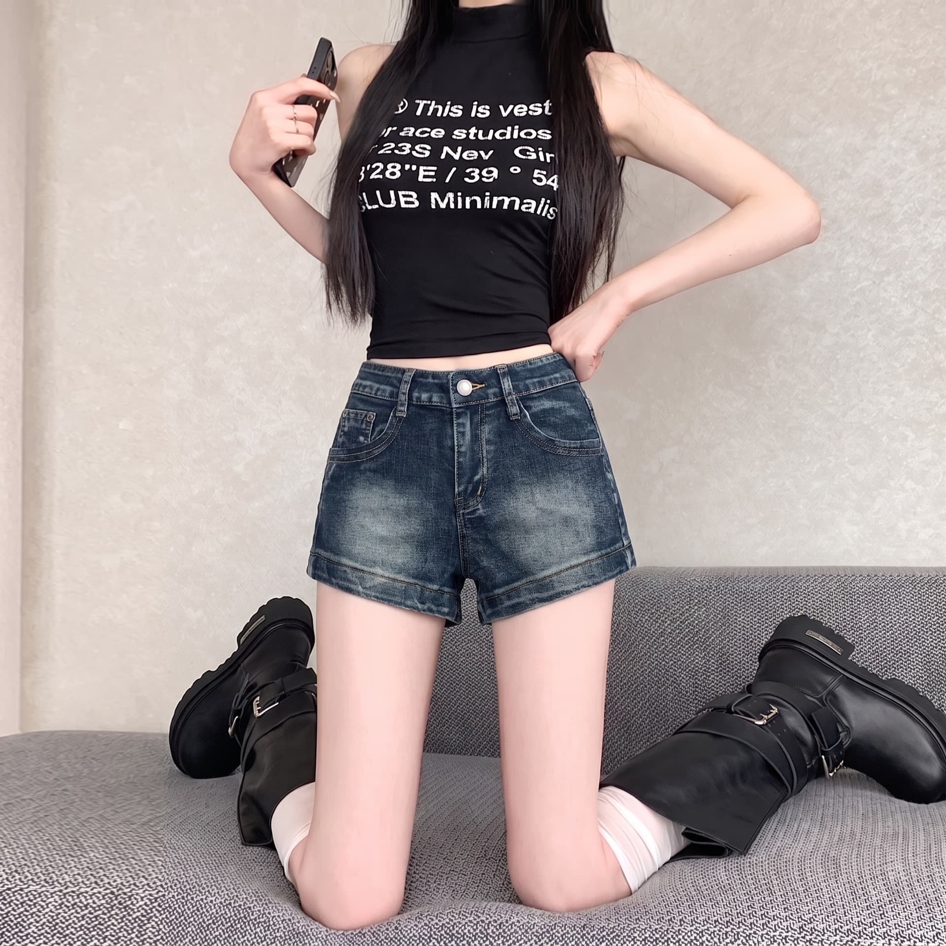 실사 안개 안개 블루 레트로 워싱 신축성 스트레이트 데님 반바지 여성 슬림해 보이는 섹시함 타이트 스커트 핫 바지 상세 이미지 6
